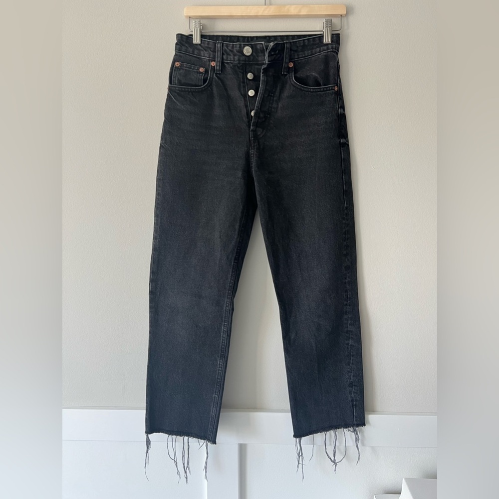 Zara Washed Black High Rise Button Fly Straight Leg Raw Hem Jeans Size 4